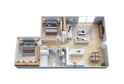 A top-down view of a modern apartment layout with a living room, kitchen, dining area, and bedrooms.